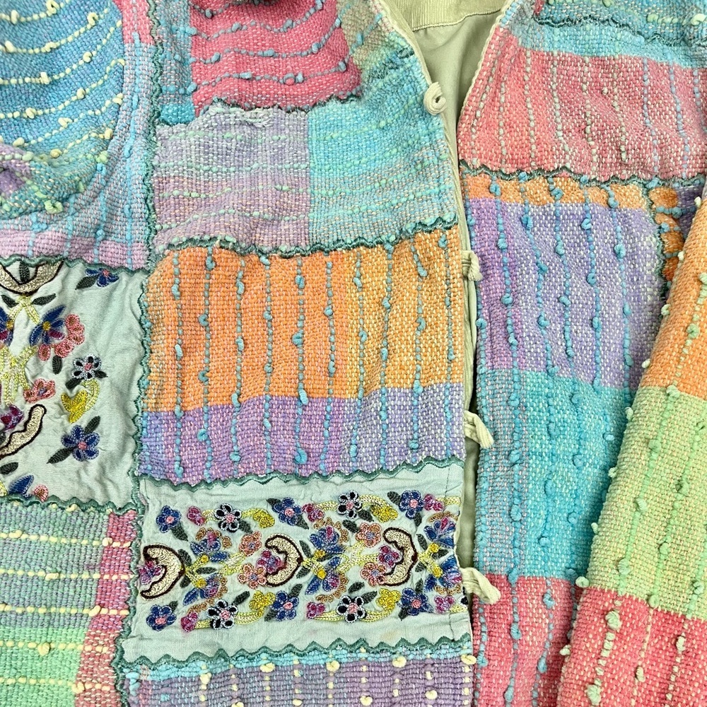 Anu by Natural Woven Chenille Embroidered Tweed Hippie Patchwork Boho Jacket - L - Picture 4 of 6